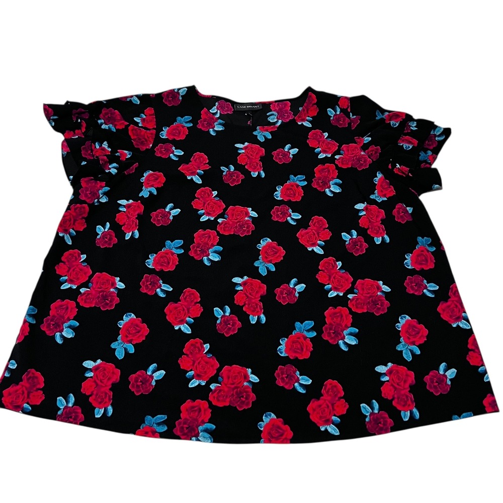 Lane Bryant Black Rose‎ Floral Blouse Size 22 Ruffle Sleeve